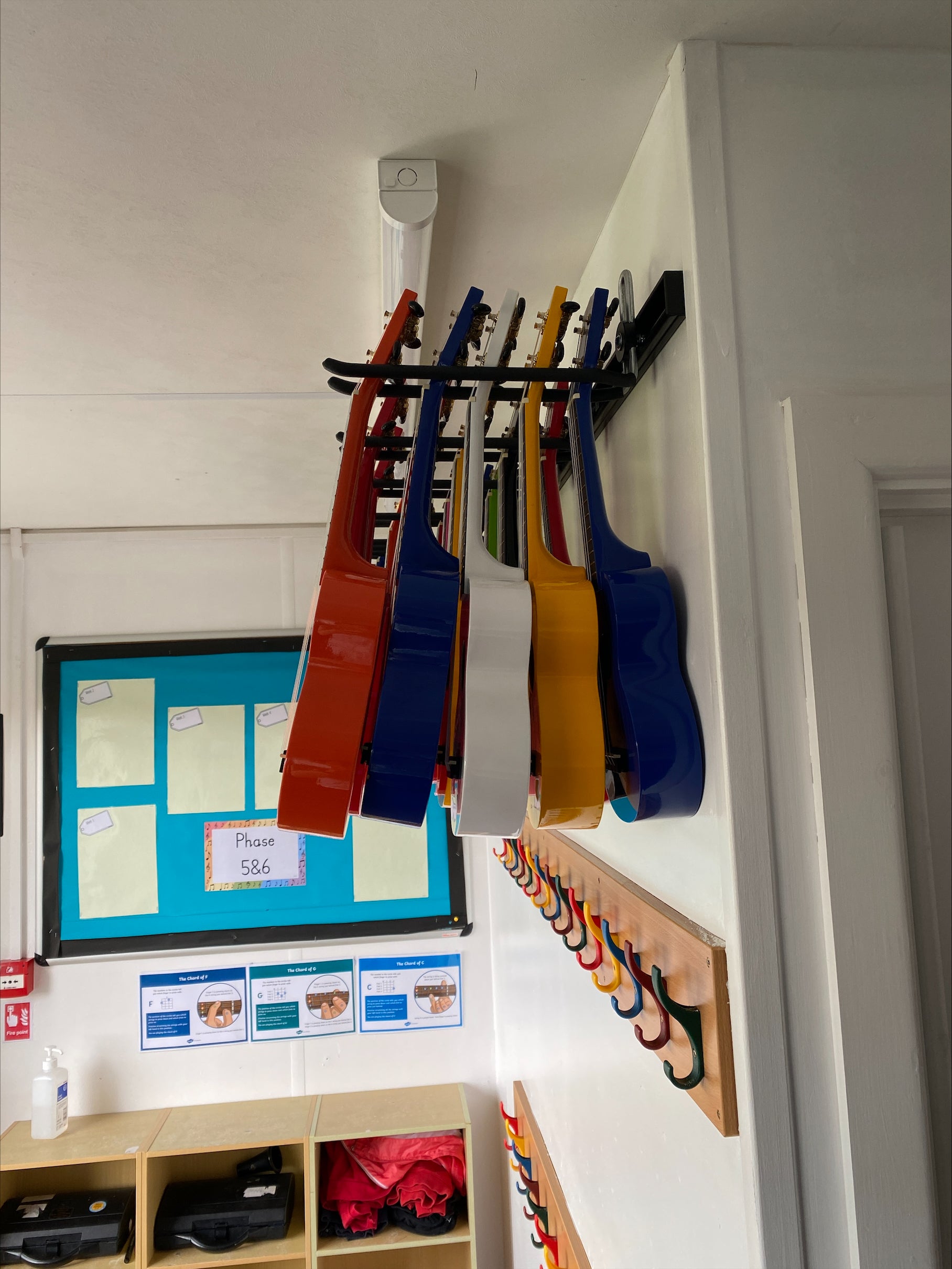 Ukulele storage for schools and colleges. Ukulele wall storage rack. Side view