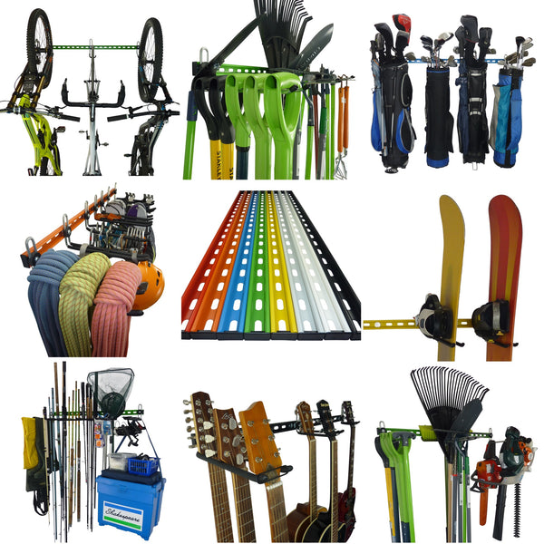 Garage Wall Storage Rack showing different types of wall mounting racks for  bikes, sports equipment, guitars and garden tools