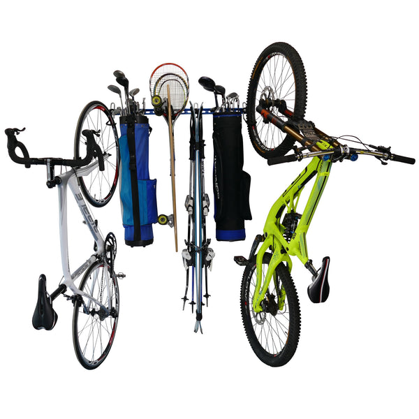 sports equipment wall storage rack for bikes, golf bags, tennis/squash/badminton rackets, hockey sticks, baseball bats, skis and other sports equipment