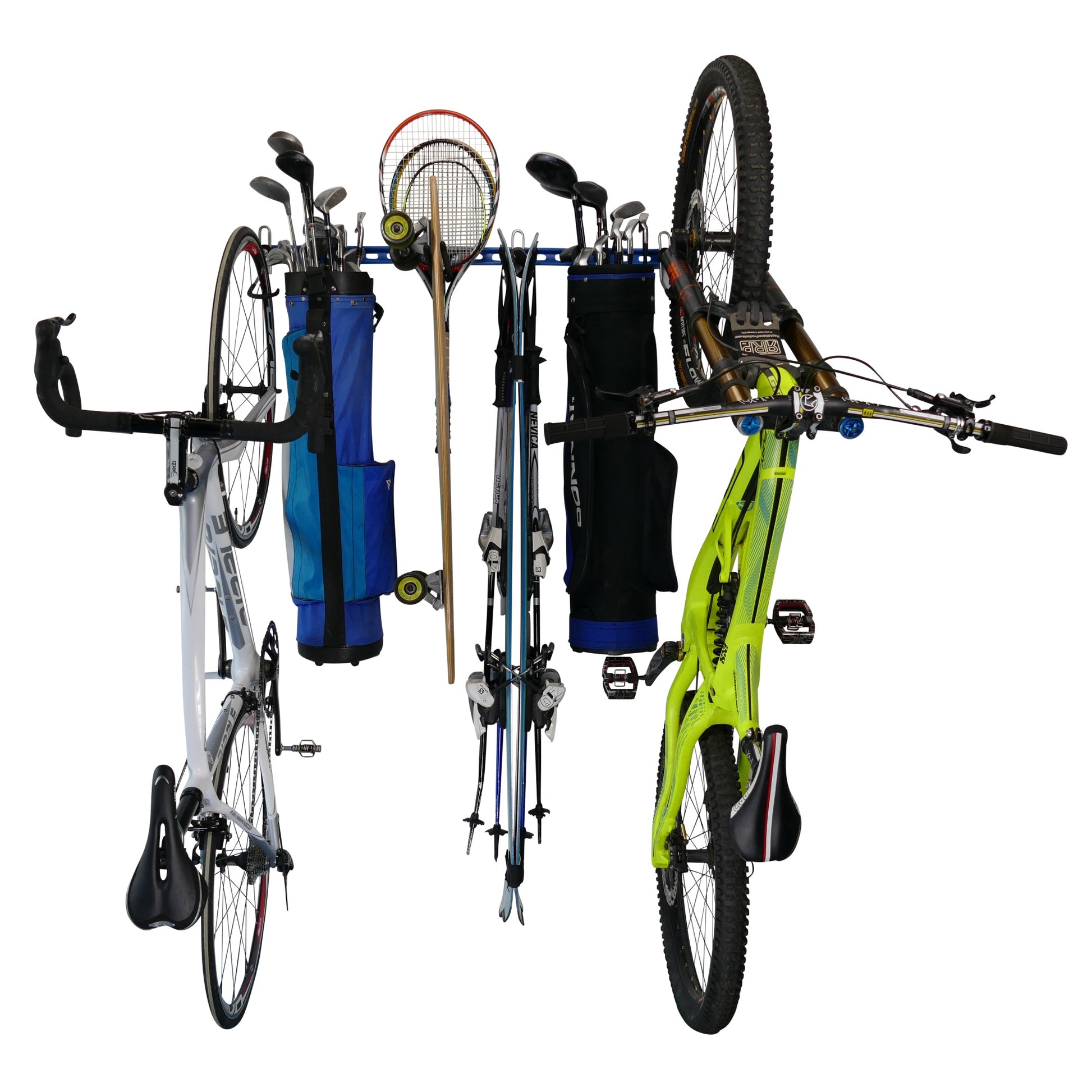 sports equipment wall storage rack for bikes, golf bags, tennis/squash/badminton rackets, hockey sticks, baseball bats, skis and other sports equipment