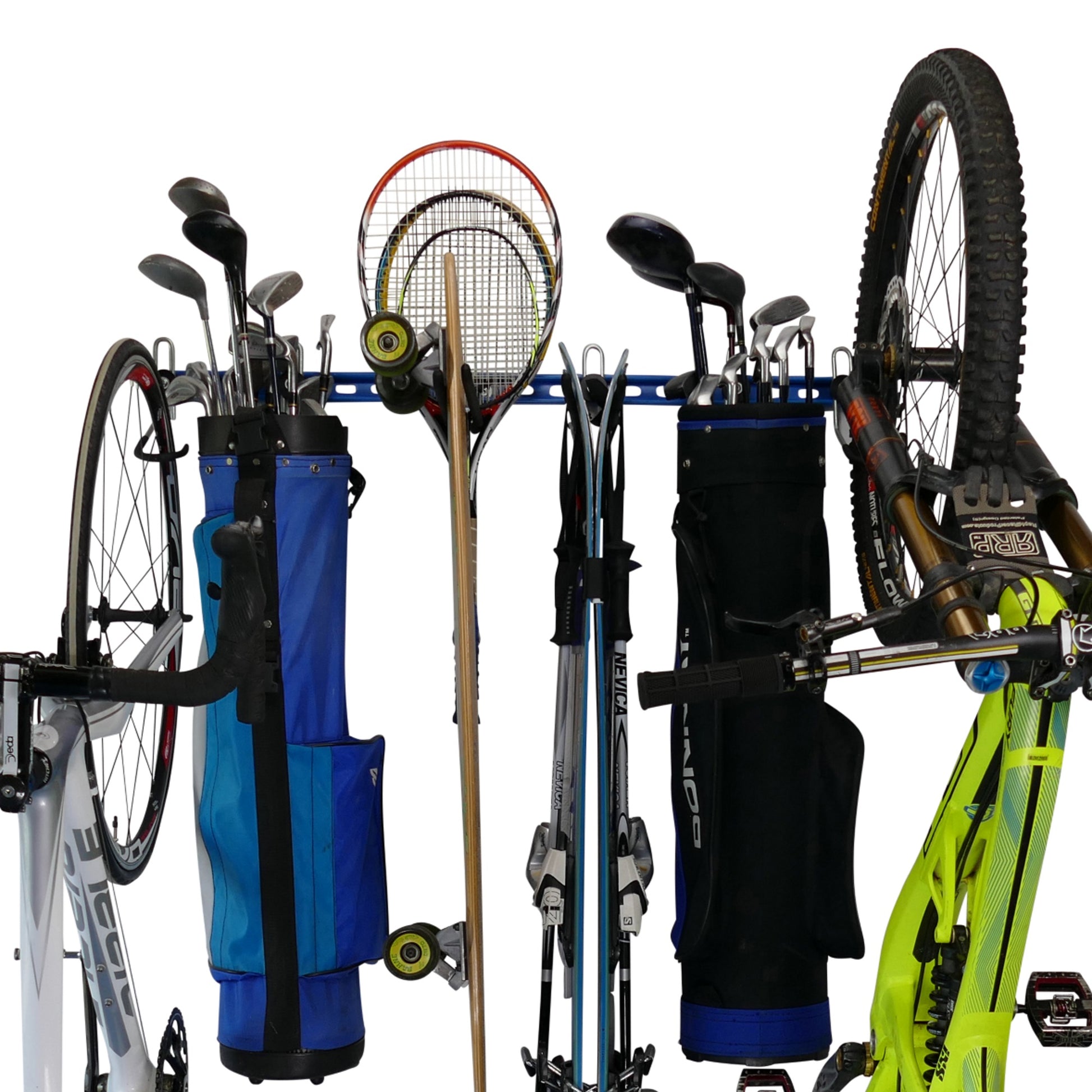 sports equipment wall storage rack for bikes, golf bags, tennis/squash/badminton rackets, hockey sticks, baseball bats, skis and other sports equipment