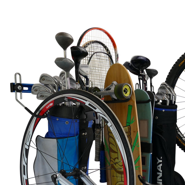 sports equipment wall storage rack for bikes, golf bags, tennis/squash/badminton rackets, hockey sticks, baseball bats, skis and other sports equipment